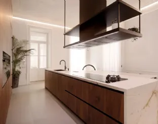 Modern Kitchen with Aspen Island in Canaletto Walnut by Doimo Cucine