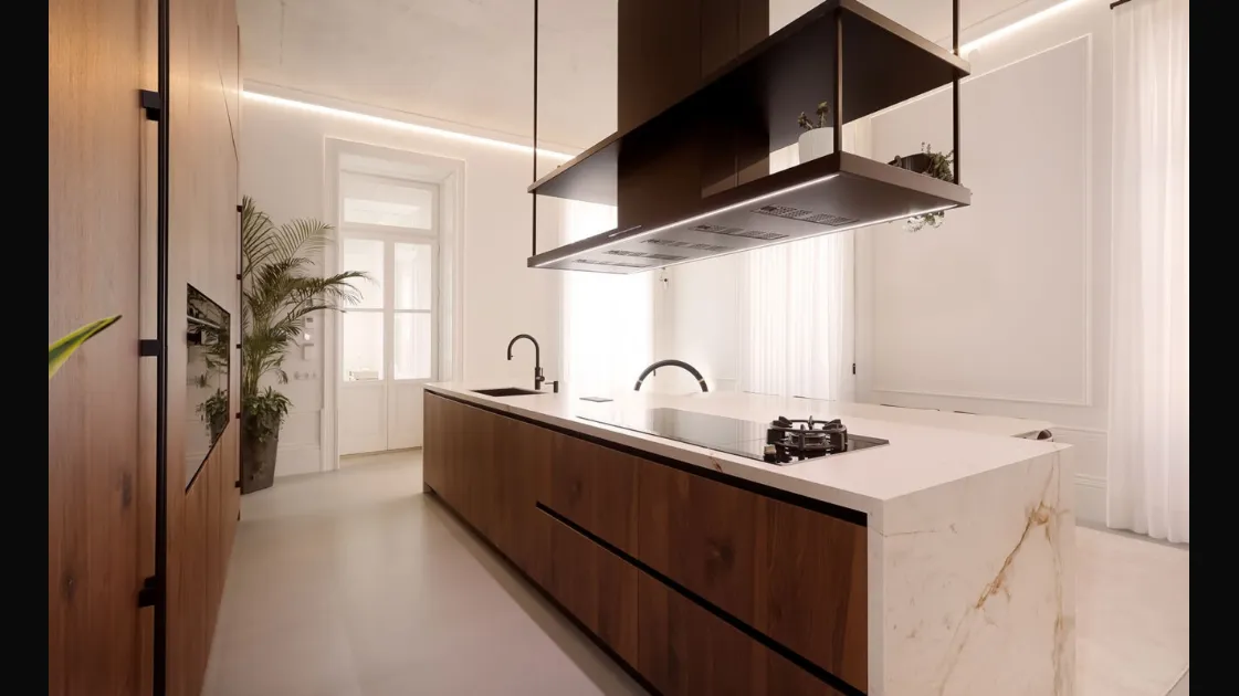 Modern Kitchen with Aspen Island in Canaletto Walnut by Doimo Cucine