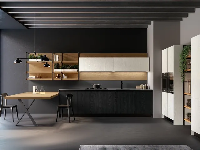 Asia modern linear kitchen in matt Black and White open pore lacquer with Fenix Nero HPL worktop by Arredo3