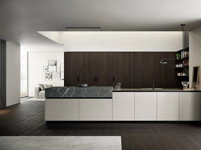 Modern linear Asia kitchen in Nebbia open pore lacquer with ebony oak veneer columns and HPL top with Piasentina Stone finish by Arredo3