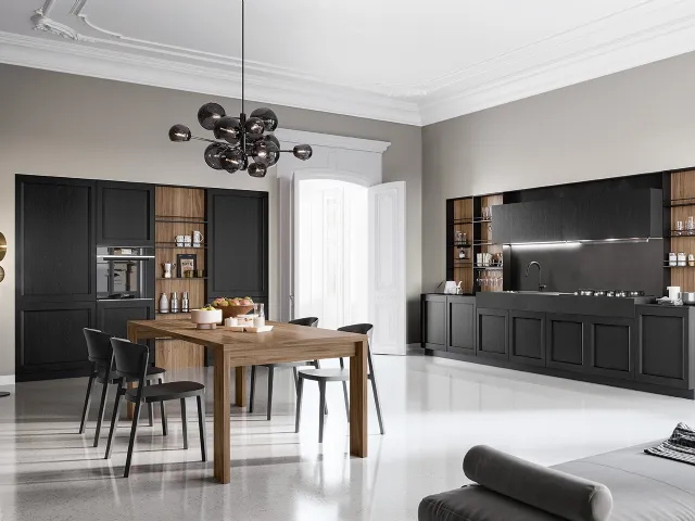 Modern linear kitchen in open pore Black lacquer and American Walnut finish Frida Modern by Arredo3