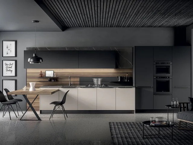 Kalì Modern Kitchen in matt Mud and Black lacquer and American Walnut laminate by Arredo3