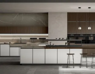 Modern Kitchen with Kronos 02 Island in White PET and Walnut Laminate by Arredo3
