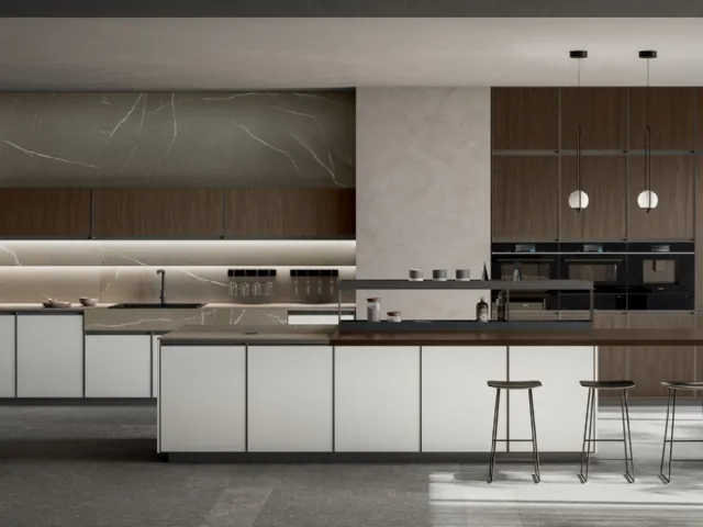 Modern Kitchen with Kronos 02 Island in White PET and Walnut Laminate by Arredo3