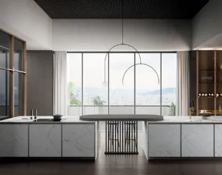 Modern kitchen in Statuarietto laminam with Kronos peninsula by Arredo3