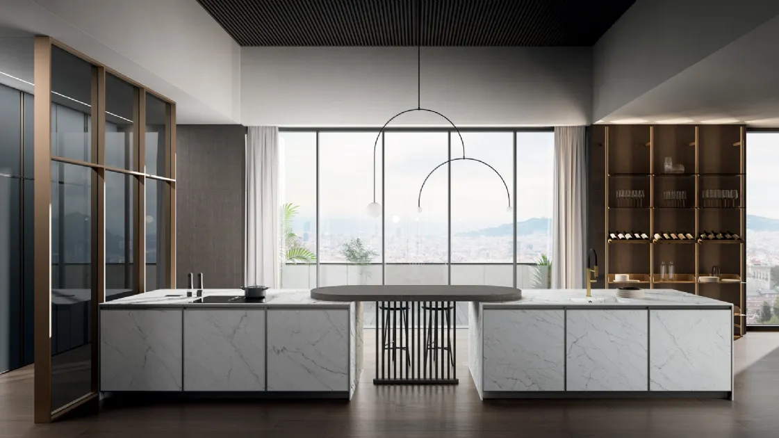 Modern kitchen in Statuarietto laminam with Kronos peninsula by Arredo3