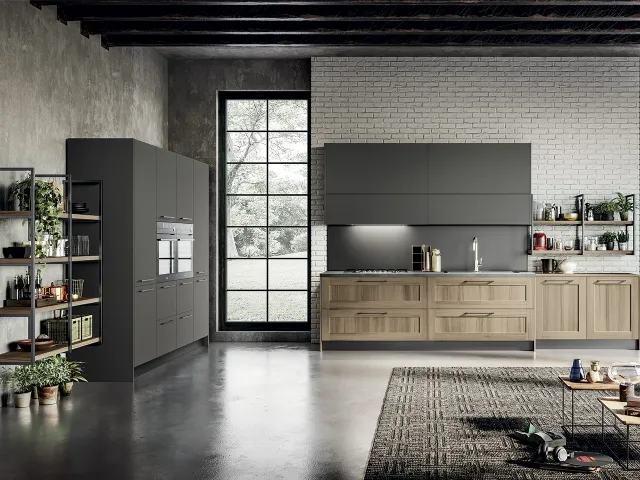 Linear modern kitchen in wood-effect laminate and Cloe gray matt lacquer by Arredo3