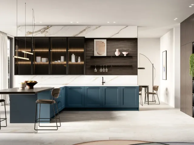 Modern kitchen with Meg 01 peninsula in lacquer and laminate by Arredo3