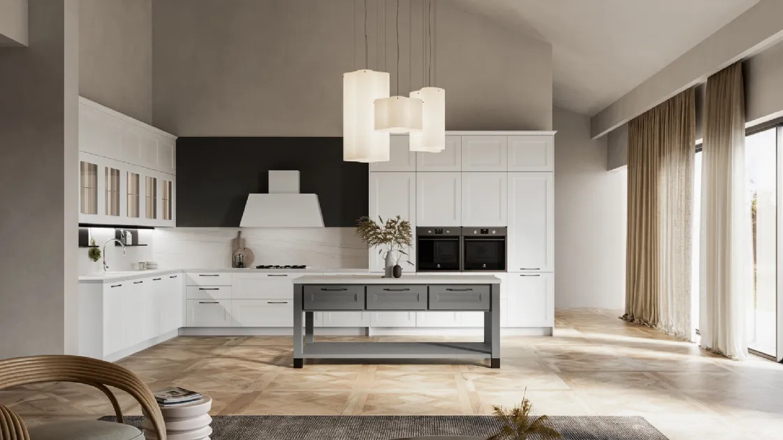 Modern angular kitchen Meg 03 in white polymer and fossil lacquered by Arredo3.