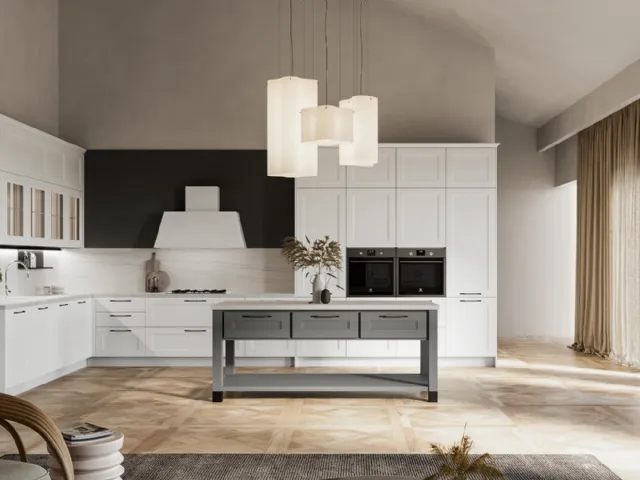 Modern angular kitchen Meg 03 in white polymer and fossil lacquered by Arredo3.