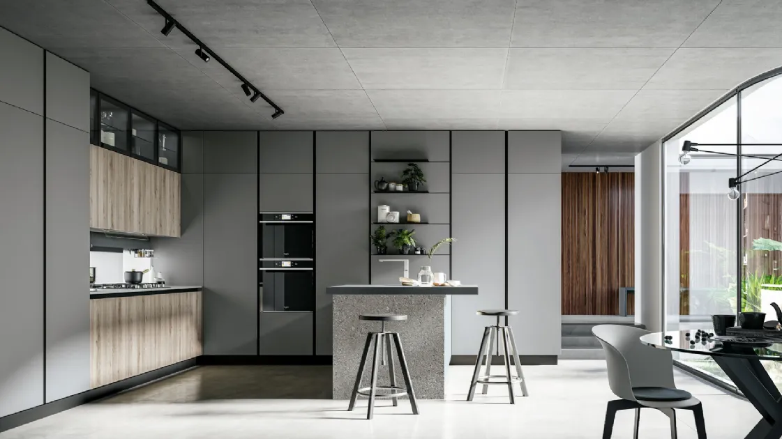 Modern kitchen with Round 04 peninsula in laminate and pet by Arredo3