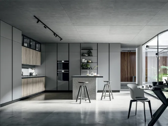 Modern Round Kitchen with Island in Grano Oak laminate and Pet Selenio Matt by Arredo3