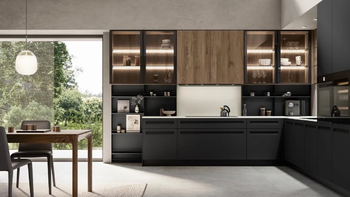 Modern corner kitchen Tekna 03 in PET and oak by Arredo3.