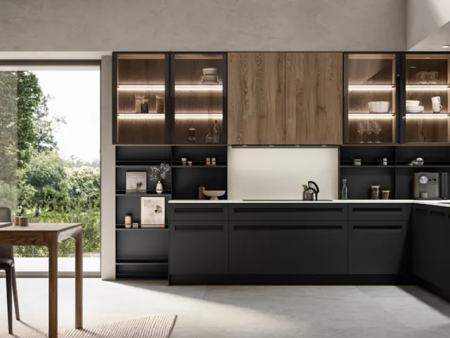 Modern corner kitchen Tekna 03 in PET and oak by Arredo3.