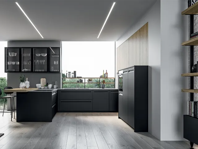 Tekna modern corner kitchen in matt black polymeric and blond oak laminate by Arredo3