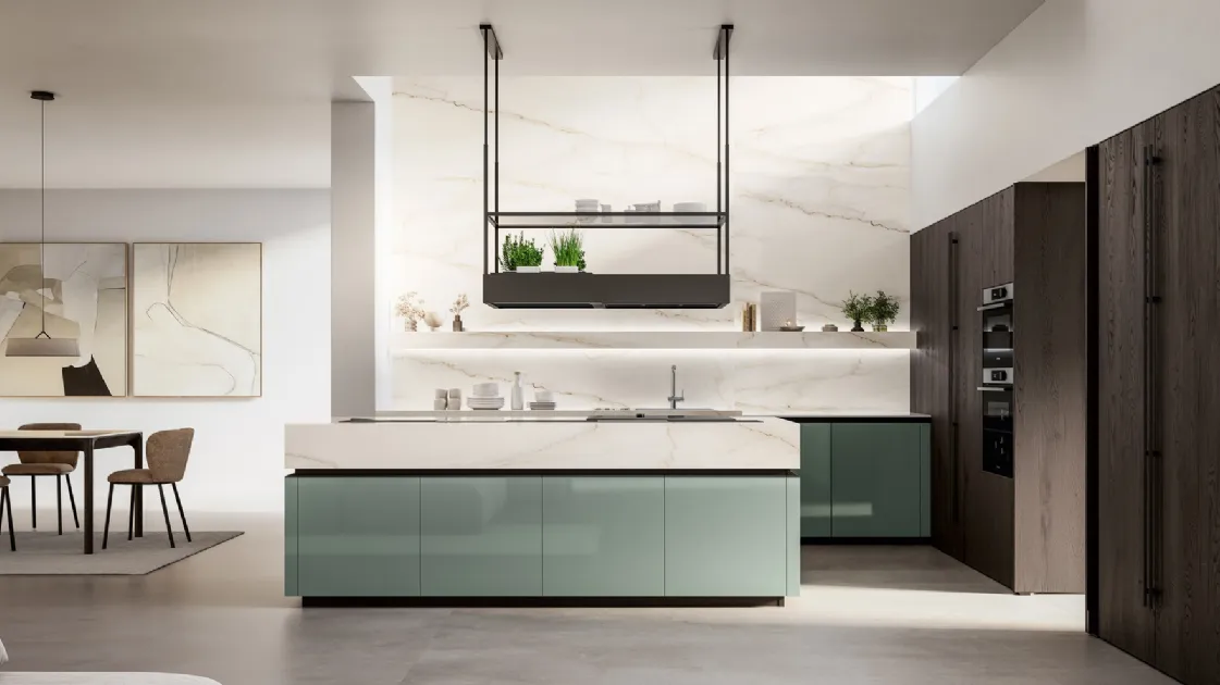 Modern kitchen with Time 04 island in glossy lacquer and ebony oak by Arredo3.