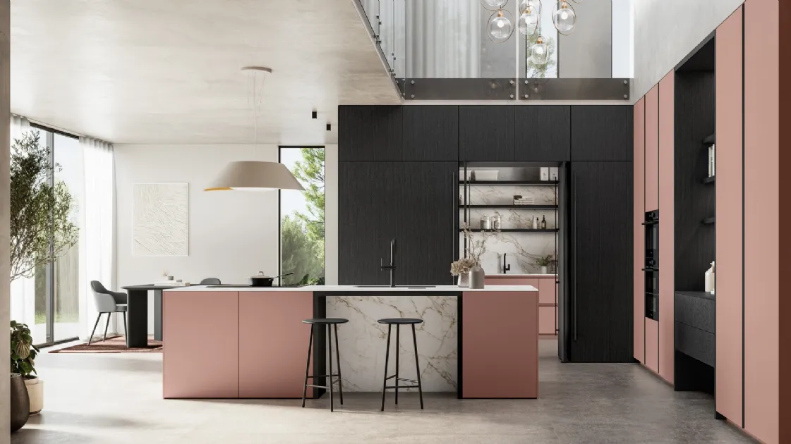 Modern kitchen with Time 06 island in matte lacquer and wood by Arredo3.