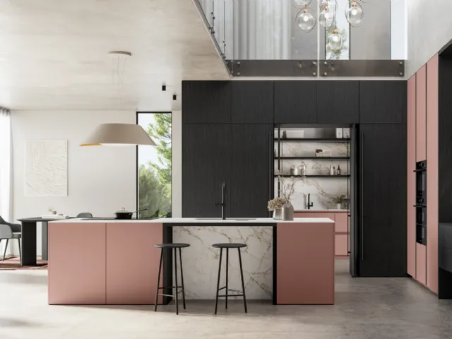 Modern kitchen with Time 06 island in matte lacquer and wood by Arredo3.