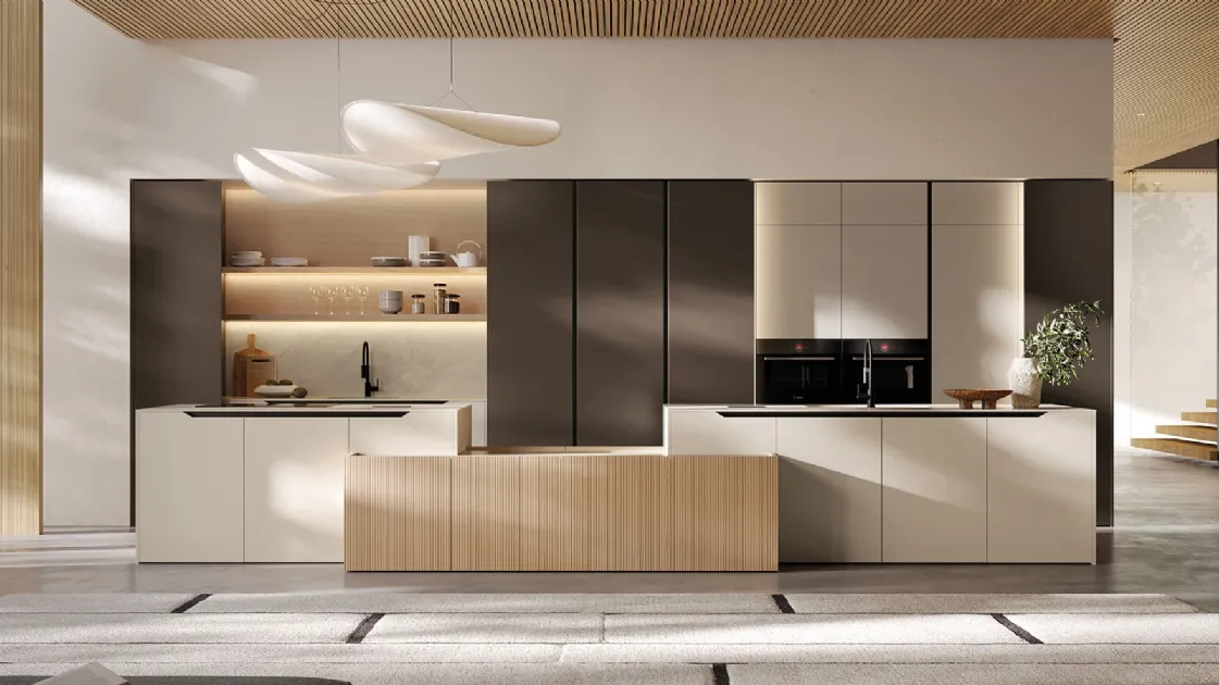 Modern Kitchen in Lacquered and Veneered Finish with Arredo3's Time Island
