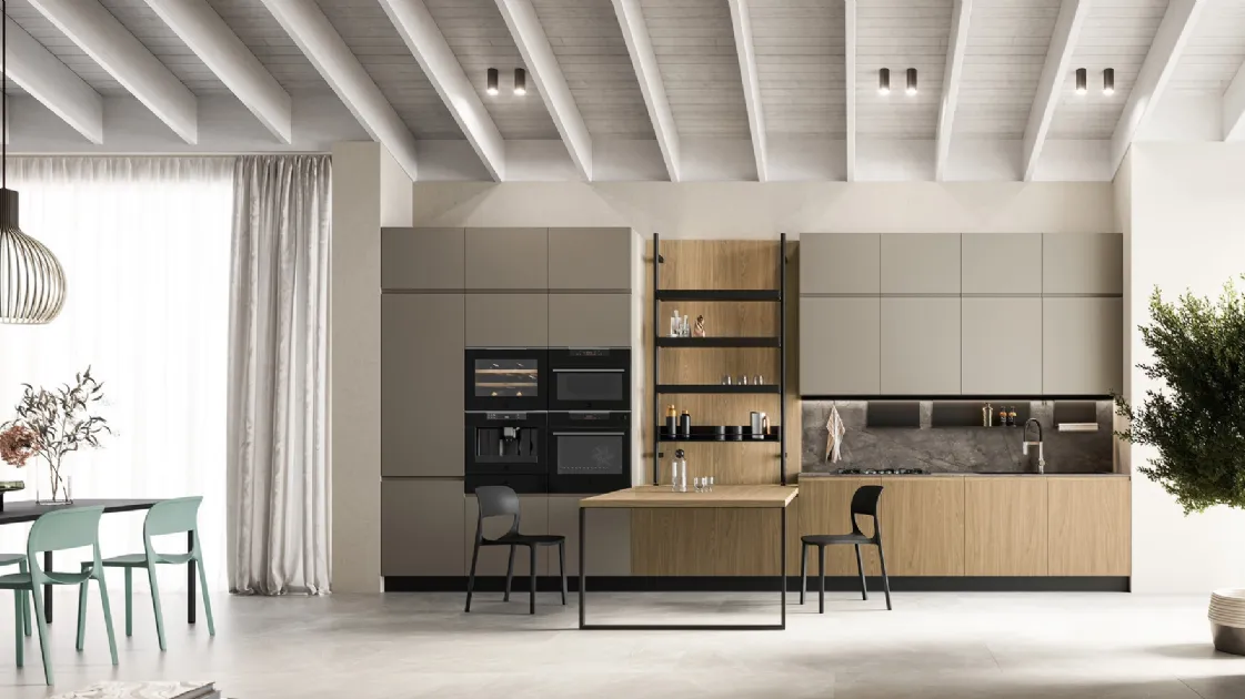 Modern linear kitchen in oak laminate and Wega lacquered finish by Arredo3
